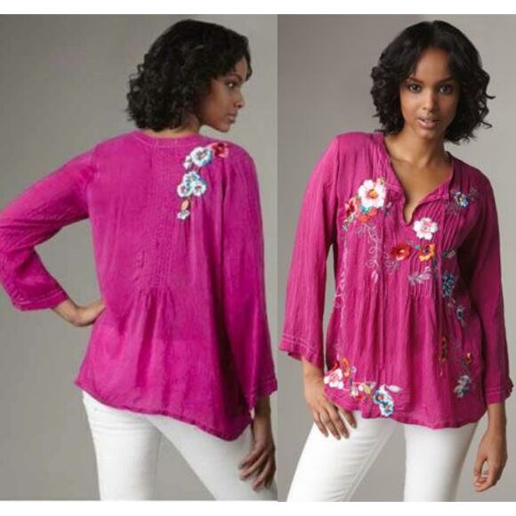 Johnny Was Tops - *Damaged* Johnny Was Floral Embroidered Molly Pleated Tunic Plus Size 1X HW6561